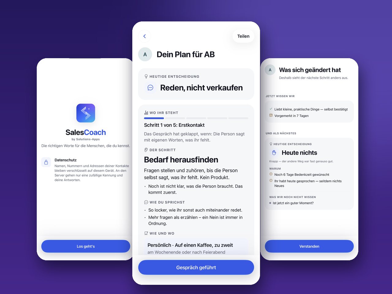 Three screens of the Sales Coach app: start, personal conversation plan and next step (in German)