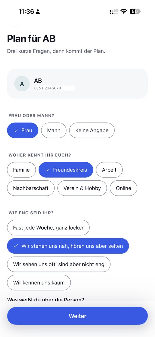 Fragen zu einem Kontakt: Woher kennt ihr euch, wie eng seid ihr